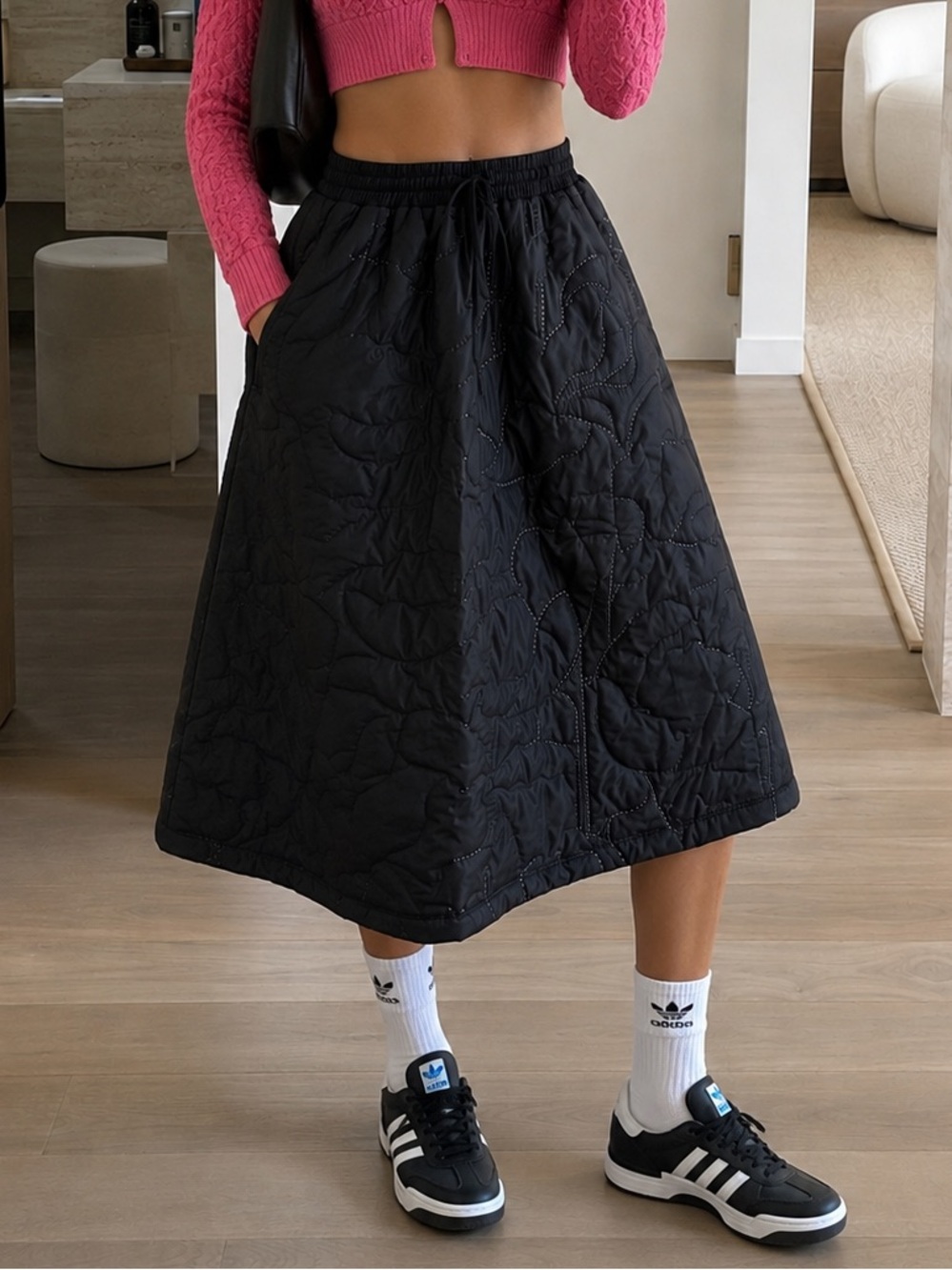 Adidas City Escape Quilted Black Midi Skirt HZ2877 Drawstring Waist XS